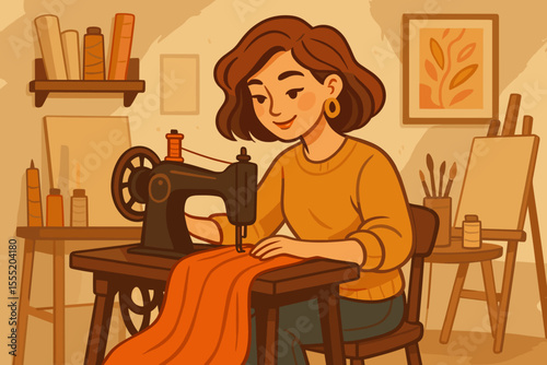 Seamstress sewing fabric on vintage sewing machine in cozy art studio. Female tailor creating textile crafts. Creative workspace with spools, canvas, brushes. Handcrafted garment making illustration