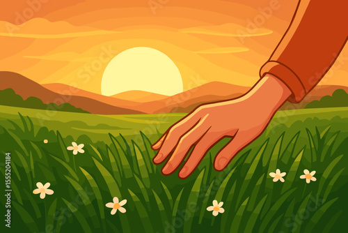 Hand Touching Tall Grass in Blooming Meadow at Sunset, Serene Nature Landscape, Tranquil Evening Scene, Wildflowers, Relaxation, Mindfulness, Vector Cartoon Illustration, No Text