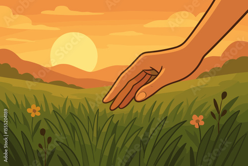 Hand Touching Tall Grass in Meadow at Sunset, Serene Landscape, Nature Connection, Tranquil Evening, Summer Field, Wildflowers, Calm Scenery, Vector Illustration