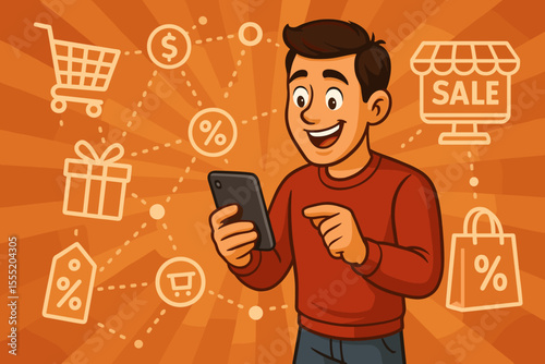 Cyber Monday Online Shopping Madness Man Using Smartphone for Digital Deals and Discounts with Shopping Cart, Sale, Gift, and Percent Icons Vector Cartoon Illustration