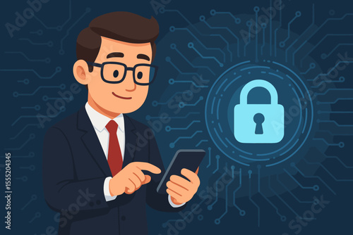 Businessman securing phone data, mobile digital security, internet privacy, padlock, antivirus, cyber protection, network safety, blockchain, IT solutions, vector illustration