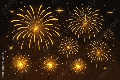 Golden fireworks and sparklers vector illustration. Dazzling pyrotechnics display on a dark night sky. Festive background concept for New Year's Eve, birthday, or holiday celebration.