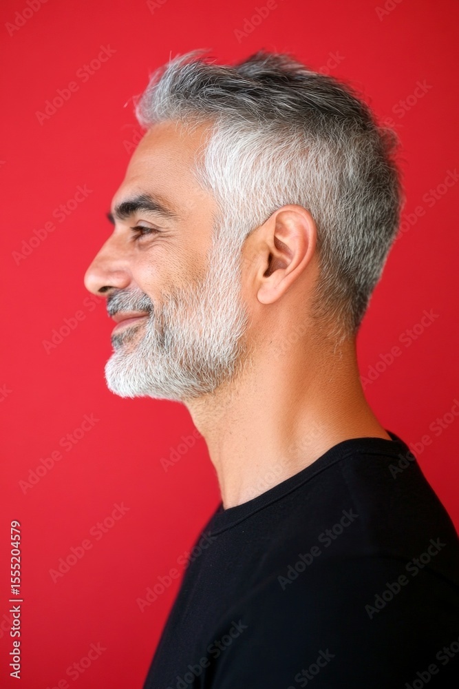 Fototapeta premium Conceptual art image of style for aging men. Trendy men's fade haircut - midlife middle eastern man with short hair. A trendy man showcasing a fashionable hairstyle. Red solid background.