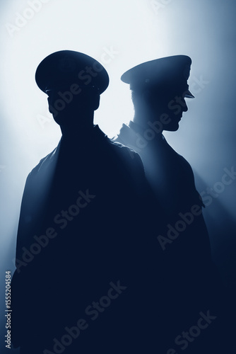 Silhouettes of Two Police Officers Standing Back to Back in Dramatic Light - Law Enforcement Officers in Shadow with Backlight Effect