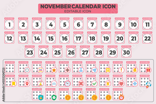 Editable November Calendar Icon Set with Days 1-31 and Additional Icons for Planning