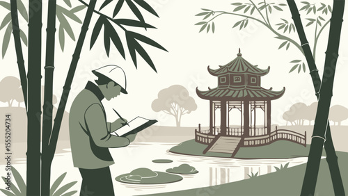 Architect Drawing Near Asian Pavilion Bamboo and Pond.