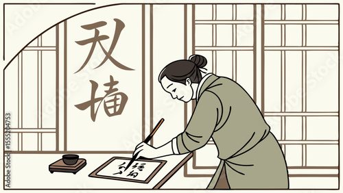 Asian Calligrapher Practicing Traditional Art.