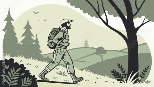 Bearded Hiker with Backpack Trekking through Verdant Hills.