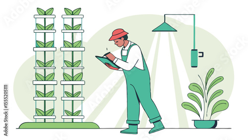 Farmer inspecting vertical garden plants and taking notes in a greenhouse.