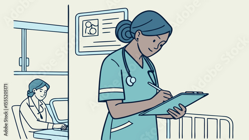 Female Doctor Writing Patient Notes on Clipboard in Hospital.
