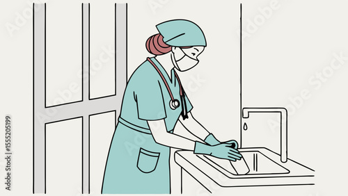 Female Surgeon Washing Hands in Sink Wearing Scrubs and Mask.