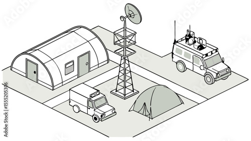 Isometric Illustration of Field Base with Communication Equipment.