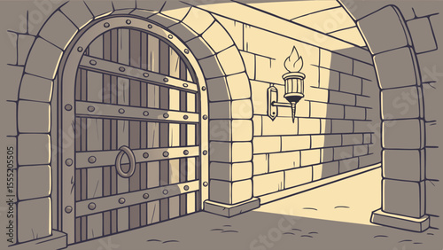 Medieval Stone Archway with Wooden Gate and Torch.