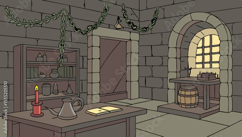Medieval Alchemists Stone Room Interior with Furnishings.
