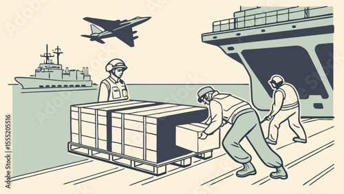 Military Logistics Soldiers Loading Cargo with Ship and Jet Overhead.