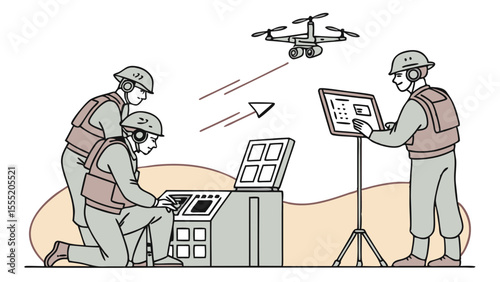 Military Personnel Operating Drone via Control Panel and Tablet.