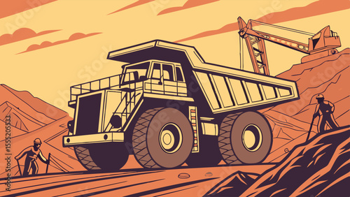 Mining Dump Truck and Crane Loading Ore in Quarry.
