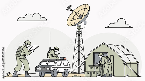 Military Personnel Utilizing Technology and Communication Equipment in Field.