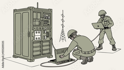 Military Personnel Working on Communication Equipment.