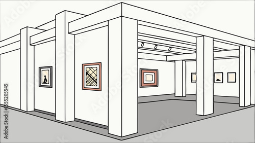 Modern Art Gallery Interior with Displayed Abstract Paintings.