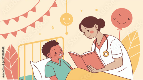 Nurse Reading a Book to a Young Patient in Bed.