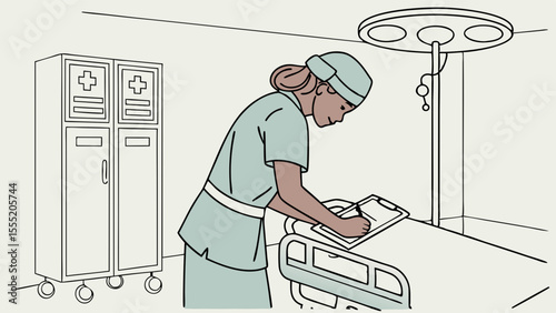 Nurse Recording Patient Information in Hospital Room.
