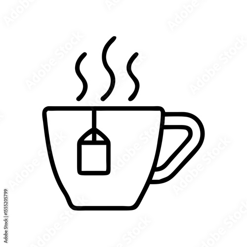 Tea bag soaking in a steaming cup of tea on a white background  