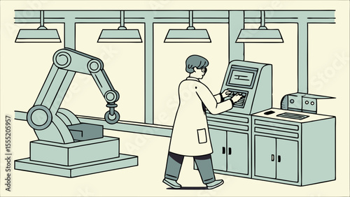Scientist operating machinery with robotic arm in a factory setting.