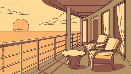 Ship Deck Sunset View with Two Lounge Chairs and Table.