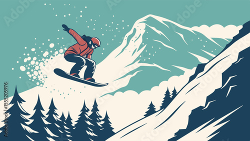 Snowboarder Performing a Jump in Front of Mountainous Winter Landscape.