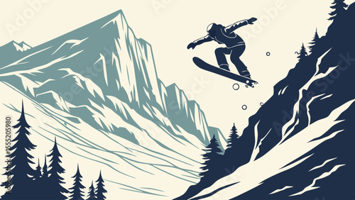 Snowboarder in MidAir over Snowy Mountain Landscape.