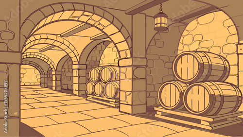 Stone Cellar with Wooden Barrels and Arched Passages.