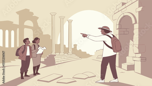 Tourist Guide Showing Ancient Ruins to Visitors.