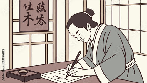 Traditional Asian Man Writing Calligraphy with Brush and Ink.