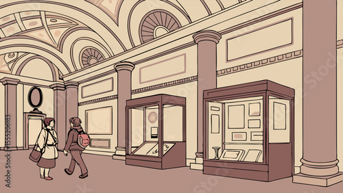 Two people in a museum with display cases and architectural details.