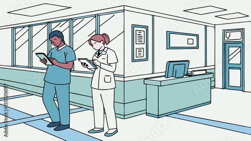 Two Medical Professionals Reviewing Information on Tablets in Hospital.