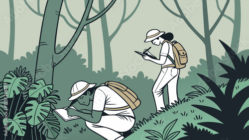 Two Researchers Documenting Observations in a Forest Environment.