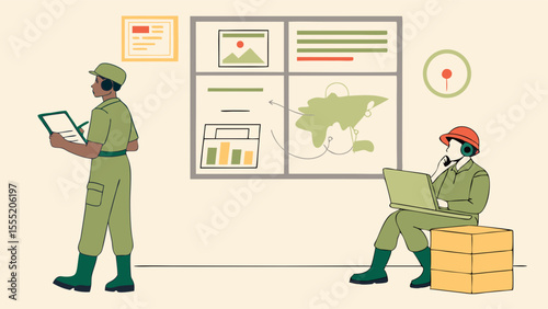 Two uniformed personnel reviewing data and map.