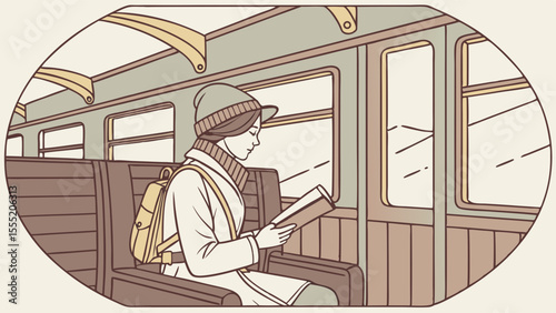 Woman Reading on a Train Illustrated Vintage Style.