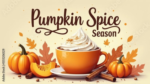 whimsical lettering phrase “Pumpkin Spice Season”, floating above a steaming latte with whipped cream and cinnamon, surrounded by pumpkin slices
