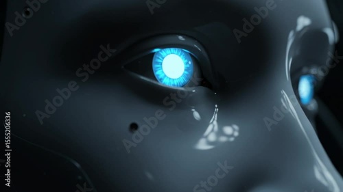 Close-up of futuristic robot eye glowing with blue light  