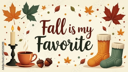 lettering “Fall is my Favorite” centered in soft cream background, decorated with falling leaves, candles, hot tea, knitted socks and acorns, earthy tones