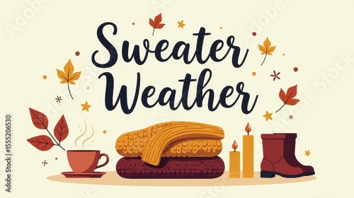 flat lettering quote “Sweater Weather”, placed above a folded knit sweater with steam rising from a coffee mug, surrounded by cozy icons: leaves, candles, book, and boots, warm palette