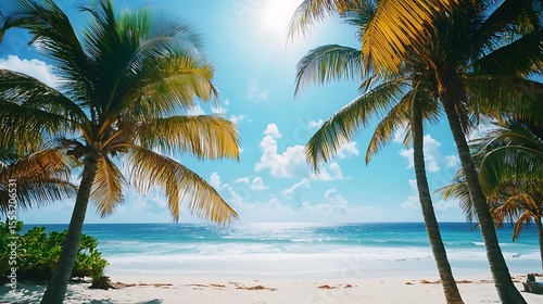 Palm trees swaying on sunny beach Mexico tropical escape summer travel destination vacation mood scenic vibe