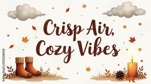  lettering “Crisp Air, Cozy Vibes” in autumn tones, surrounded by swirling leaves, cloudy sky, warm socks, and flickering candle, soft brown and gray palette