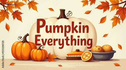  lettering “Pumpkin Everything” inside a stylized pumpkin frame, background includes illustrated fall leaves, pumpkin pie, muffins, and a baking tray