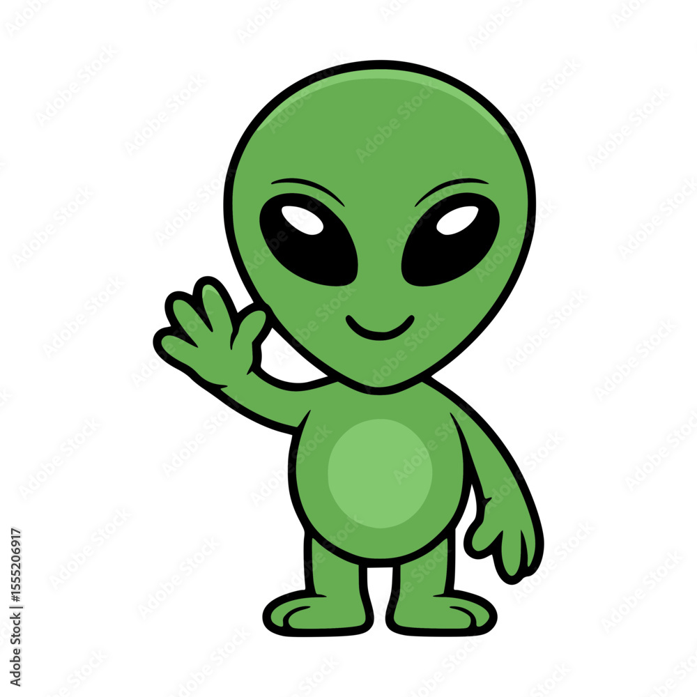 Fototapeta premium Cute and Friendly Green Alien waving cheerfully, ready to explore space!