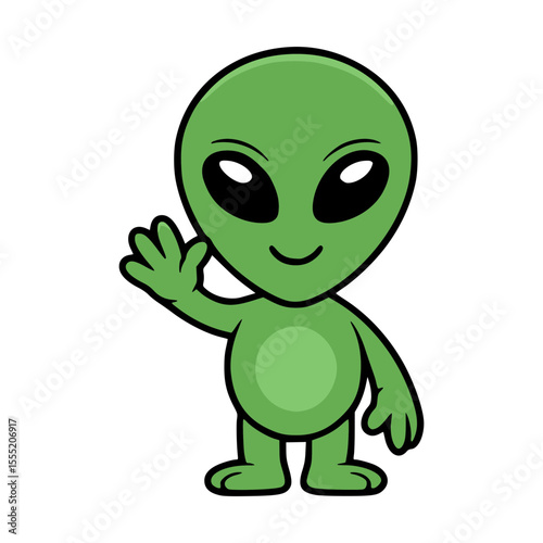 Cute and Friendly Green Alien waving cheerfully, ready to explore space!