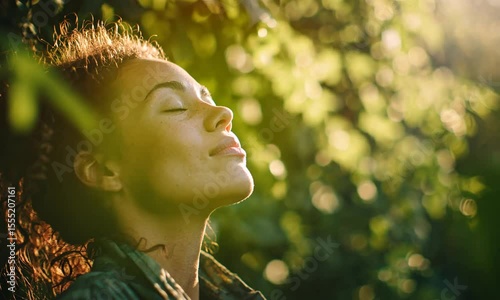 Woman with eyes closed, basking in sunlight amidst foliage, enjoying peaceful moment