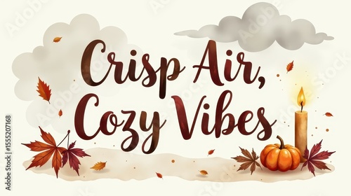  lettering “Crisp Air, Cozy Vibes” in autumn tones, surrounded by swirling leaves, cloudy sky, warm socks, and flickering candle, soft brown and gray palette